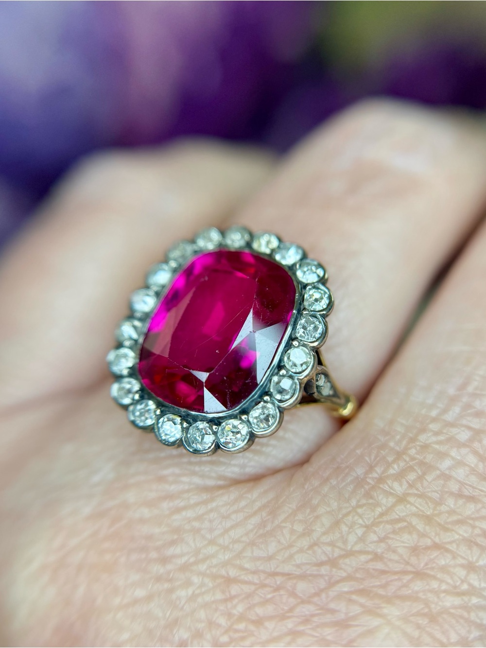 Antique Edwardian 18k Yellow Gold Silver Topped Ruby Diamond Ring - Picture 6 of 11